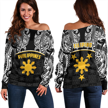 Philippines Filipinos Off Shoulder Sweatshirt Tribal Polynesian Demodern Style