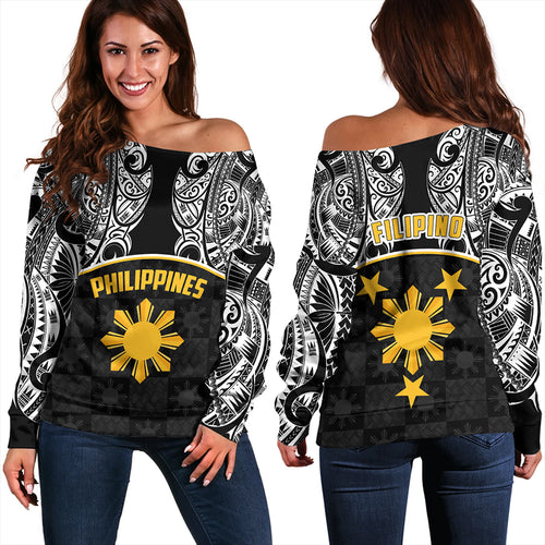 Philippines Filipinos Off Shoulder Sweatshirt Tribal Polynesian Demodern Style
