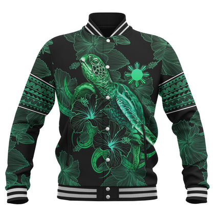 Philippines Filipinos Baseball Jacket  Sea Turtle With Blooming Hibiscus Flowers Tribal Green