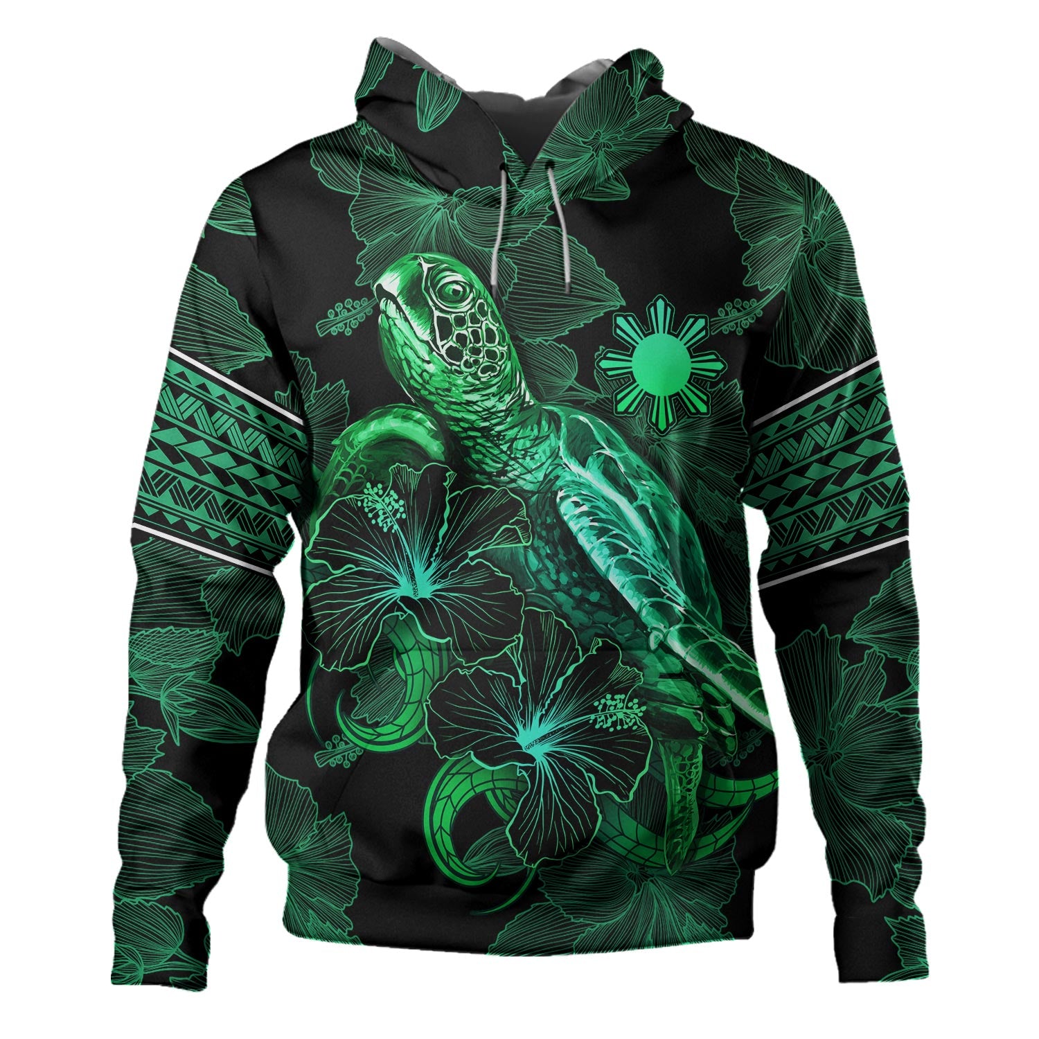 Philippines Filipinos Hoodie  Sea Turtle With Blooming Hibiscus Flowers Tribal Green