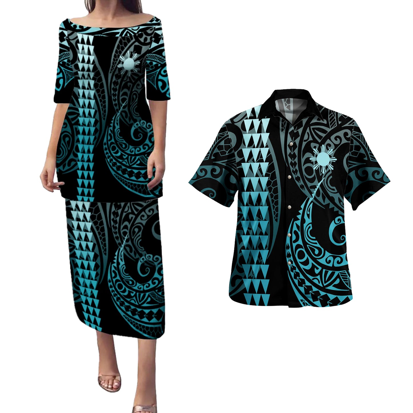 Philippines Filipinos Combo Puletasi And Shirt Kakau Style Turquoise