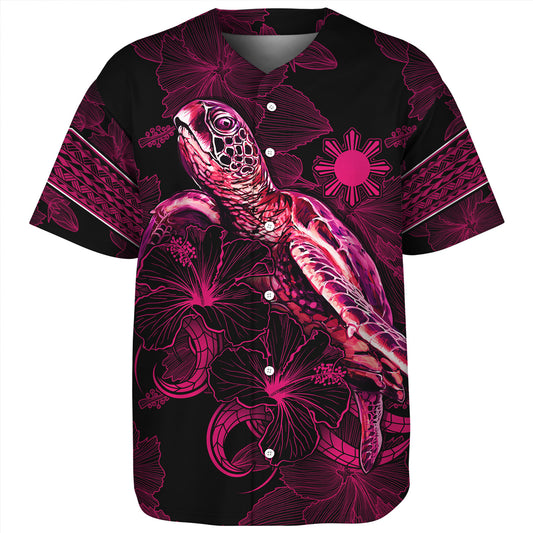 Philippines Filipinos Baseball Shirt Sea Turtle With Blooming Hibiscus Flowers Tribal Maroon