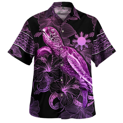 Philippines Filipinos Hawaiian Shirt Sea Turtle With Blooming Hibiscus Flowers Tribal Purple