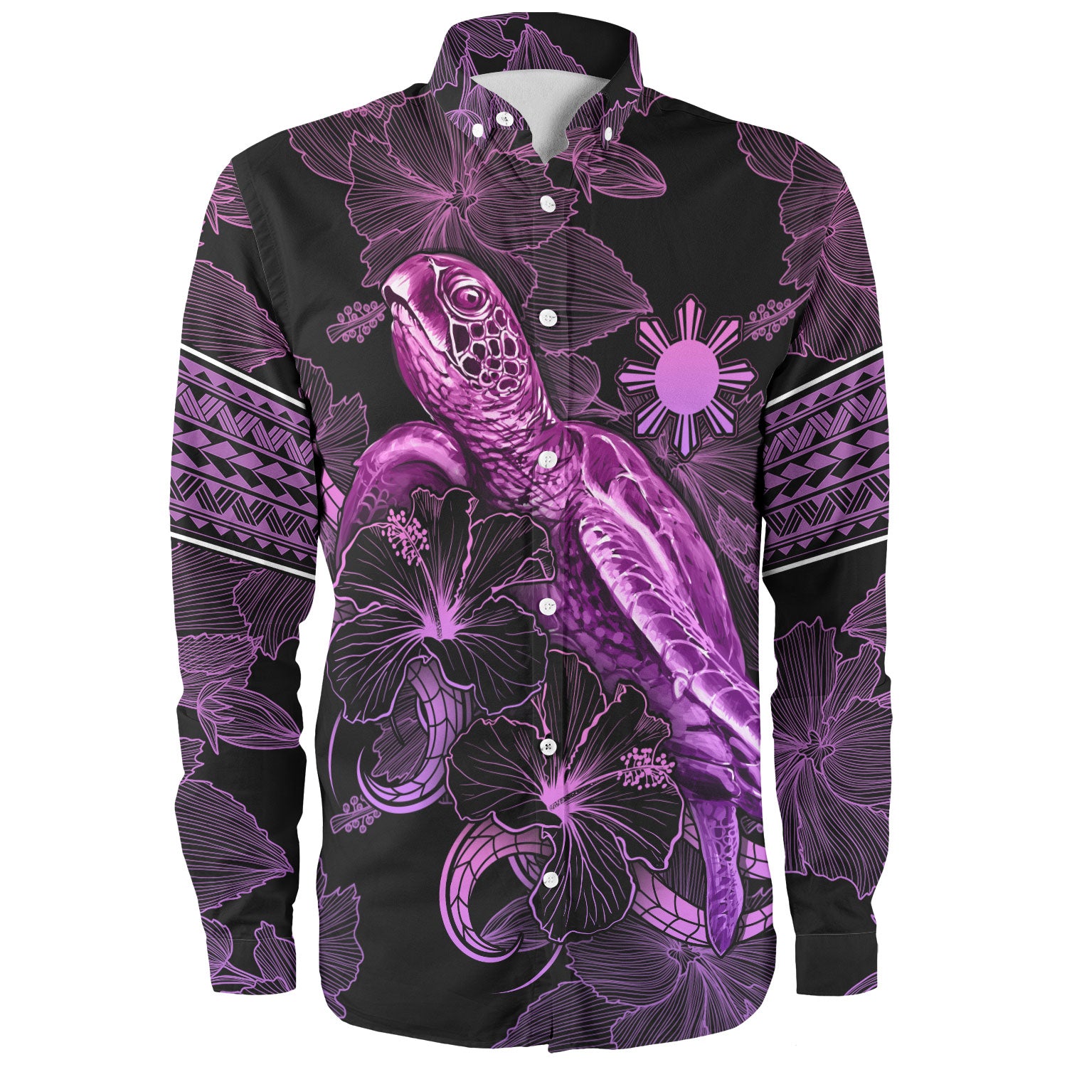Philippines Filipinos Long Sleeve Shirt Sea Turtle With Blooming Hibiscus Flowers Tribal Purple