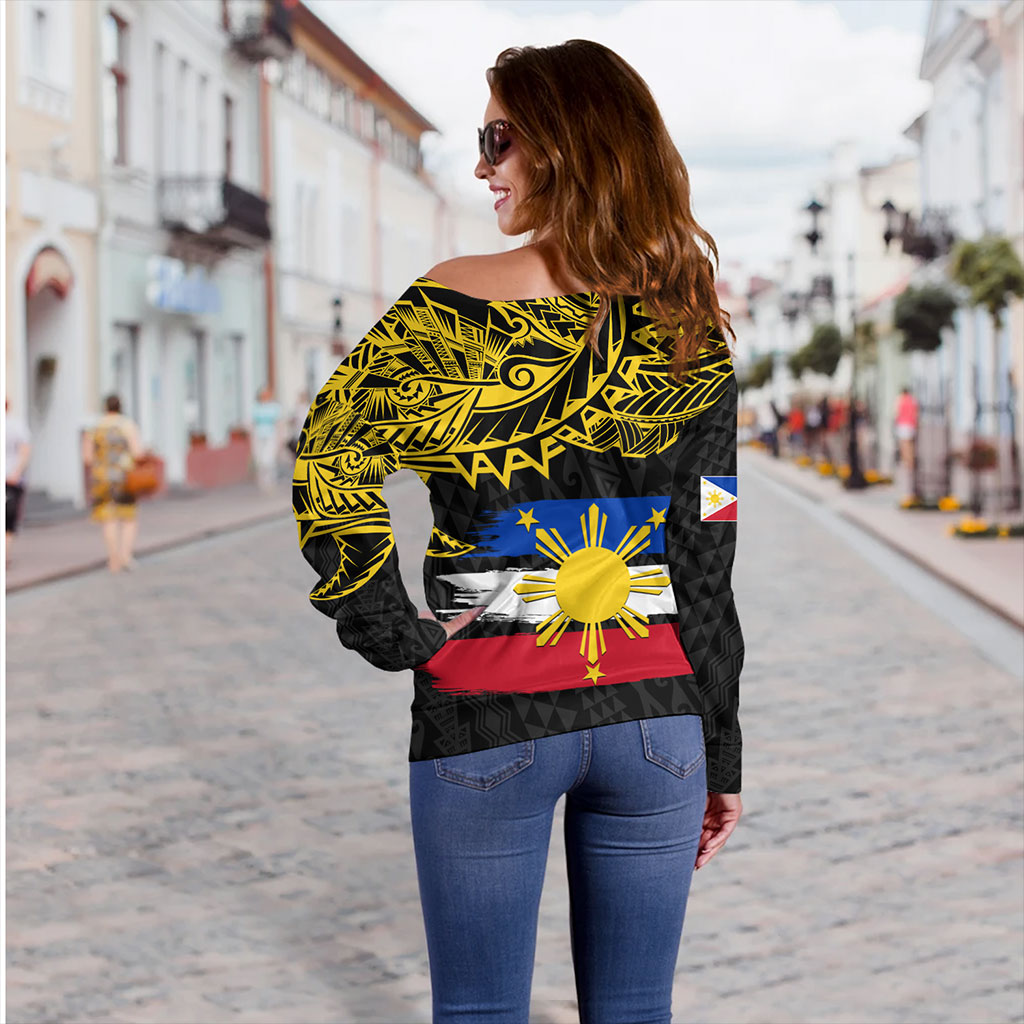 Philippines Filipinos Off Shoulder Sweatshirt Tribal Polynesian Grunge Flag