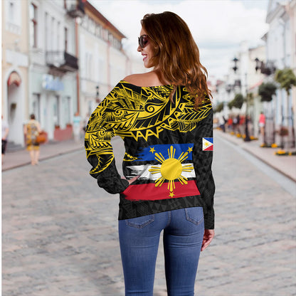 Philippines Filipinos Off Shoulder Sweatshirt Tribal Polynesian Grunge Flag