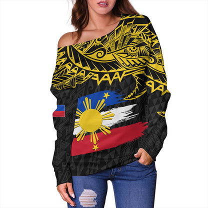 Philippines Filipinos Off Shoulder Sweatshirt Tribal Polynesian Grunge Flag