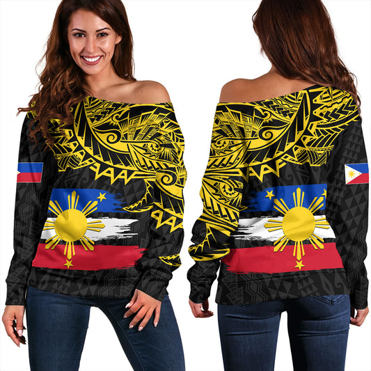 Philippines Filipinos Off Shoulder Sweatshirt Tribal Polynesian Grunge Flag