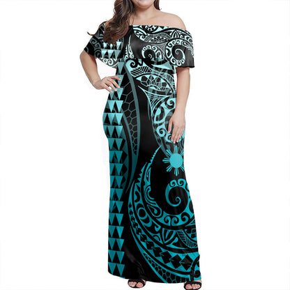 Philippines Filipinos Combo Dress And Shirt Kakau Style Turquoise