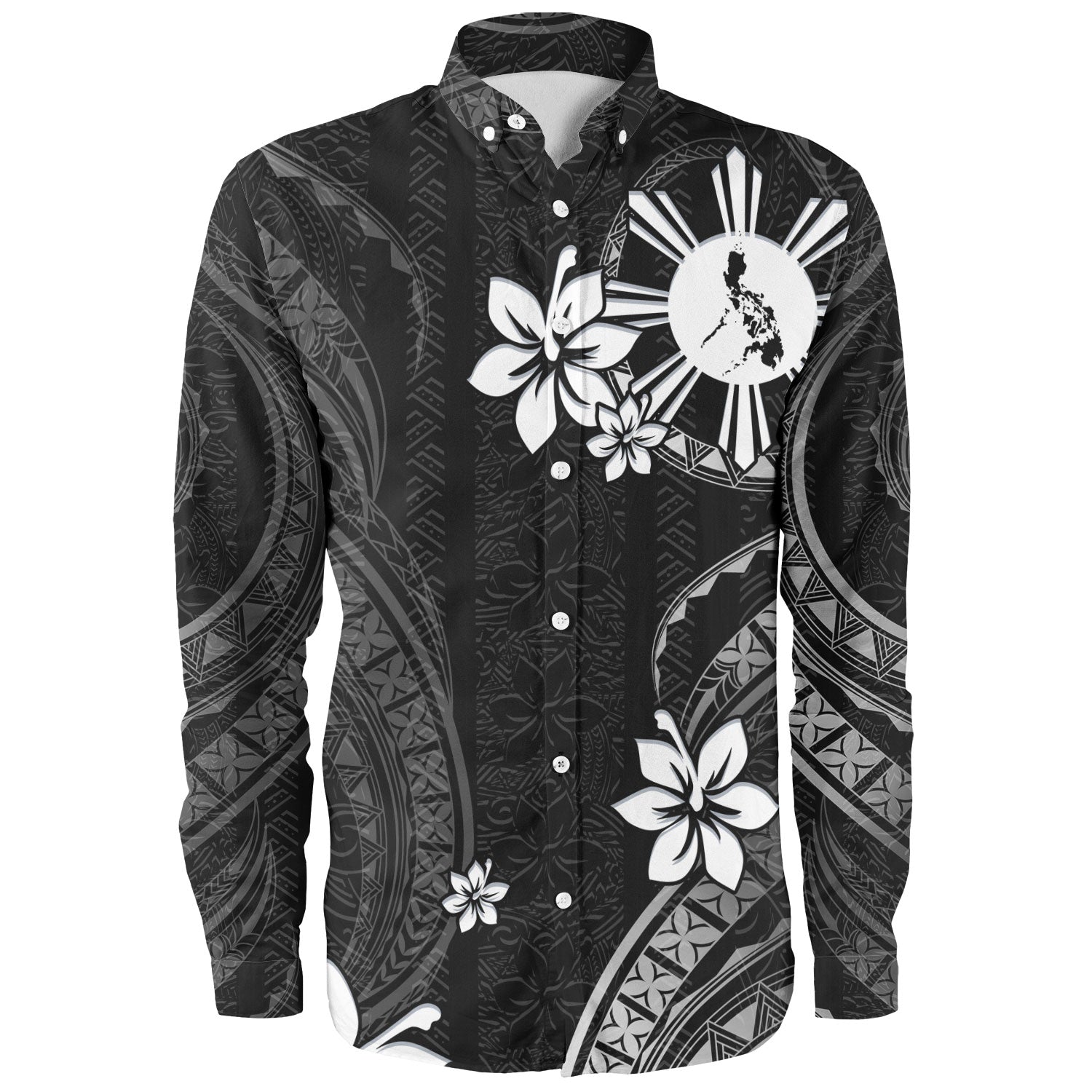 Philippines Filipinos Long Sleeve Shirt Philippines White Hibiscus Flowers Tribal Pattern