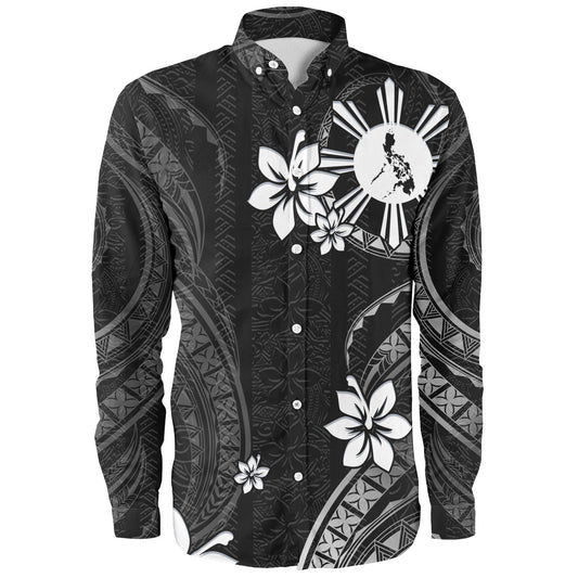 Philippines Filipinos Long Sleeve Shirt Philippines White Hibiscus Flowers Tribal Pattern