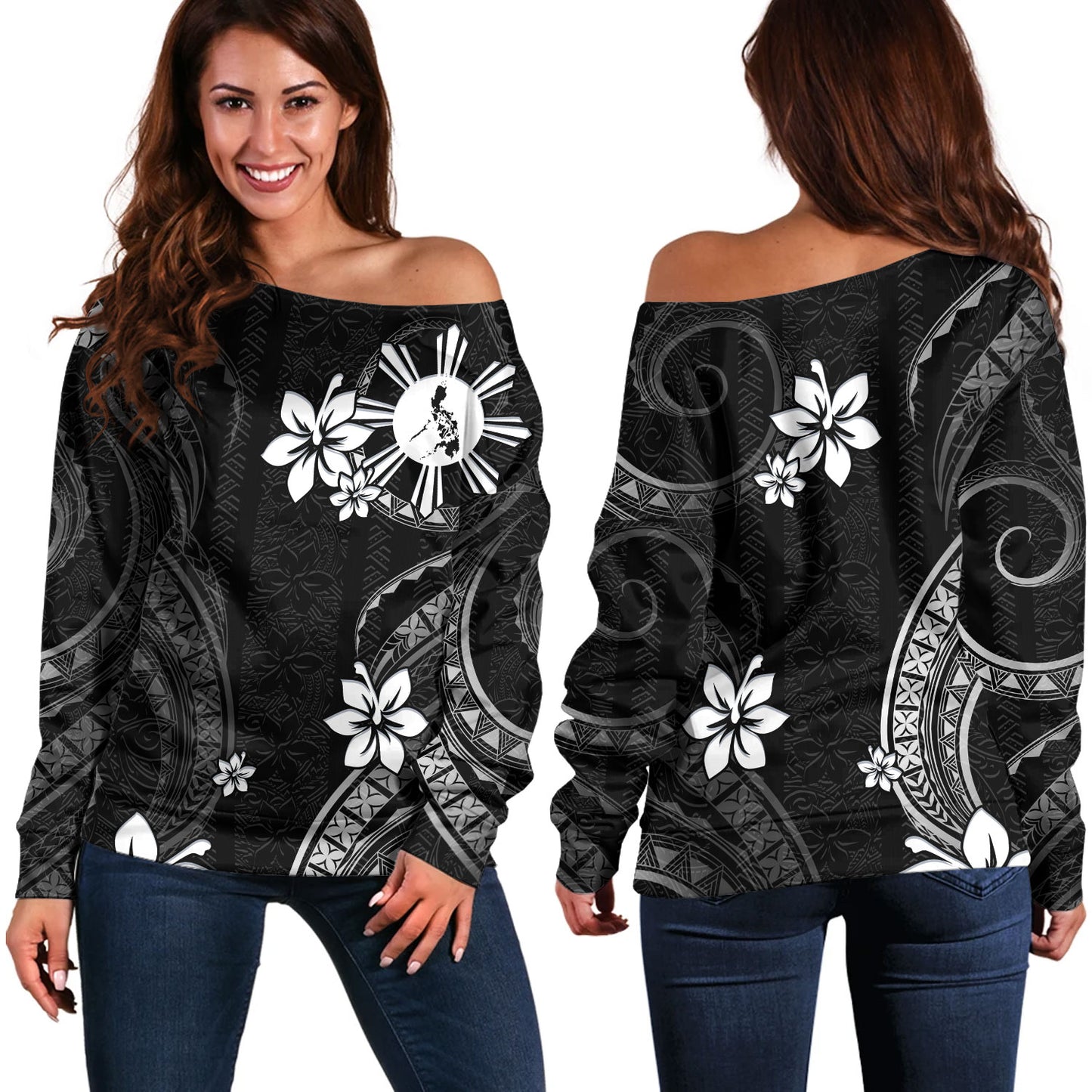Philippines Filipinos Off Shoulder Sweatshirt Philippines White Hibiscus Flowers Tribal Pattern