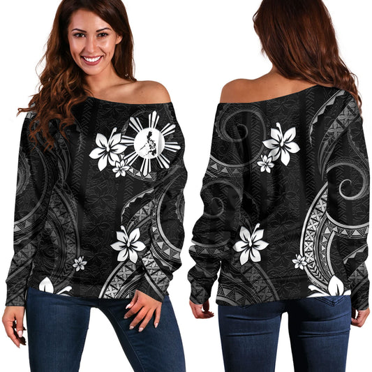 Philippines Filipinos Off Shoulder Sweatshirt Philippines White Hibiscus Flowers Tribal Pattern