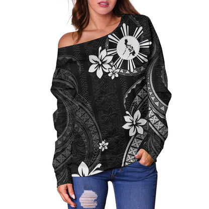 Philippines Filipinos Off Shoulder Sweatshirt Philippines White Hibiscus Flowers Tribal Pattern