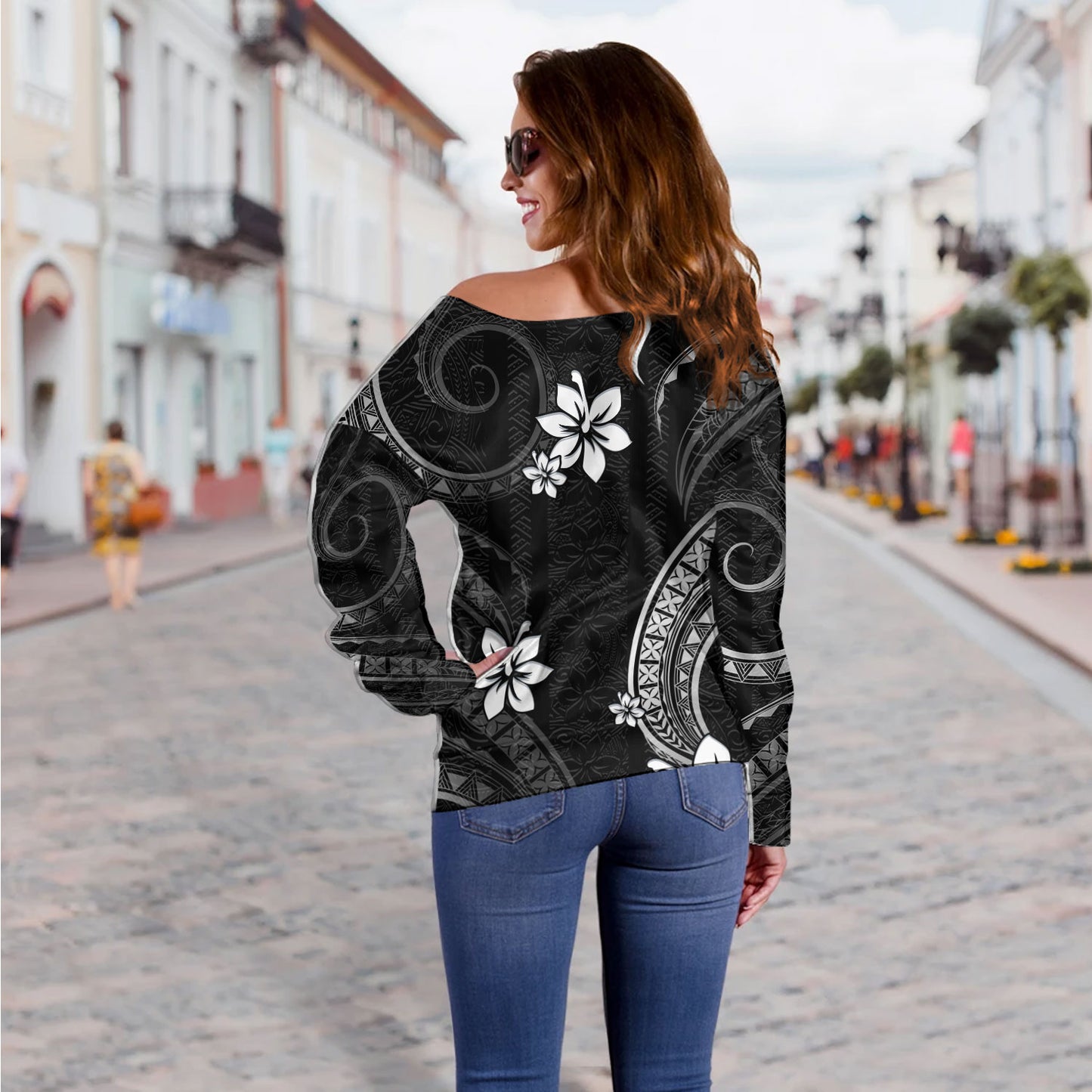 Philippines Filipinos Off Shoulder Sweatshirt Philippines White Hibiscus Flowers Tribal Pattern