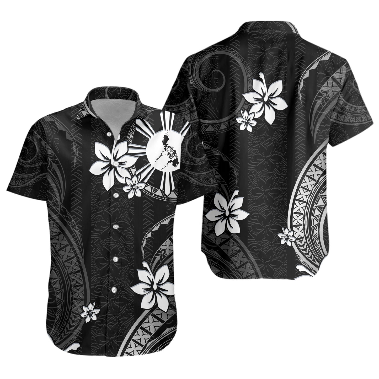 Philippines Filipinos Short Sleeve Shirt Philippines White Hibiscus Flowers Tribal Pattern