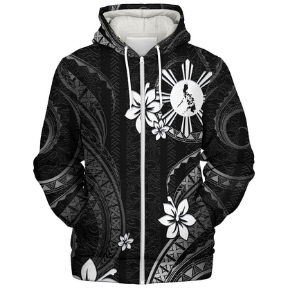 Philippines Filipinos Sherpa Hoodie Philippines White Hibiscus Flowers Tribal Pattern