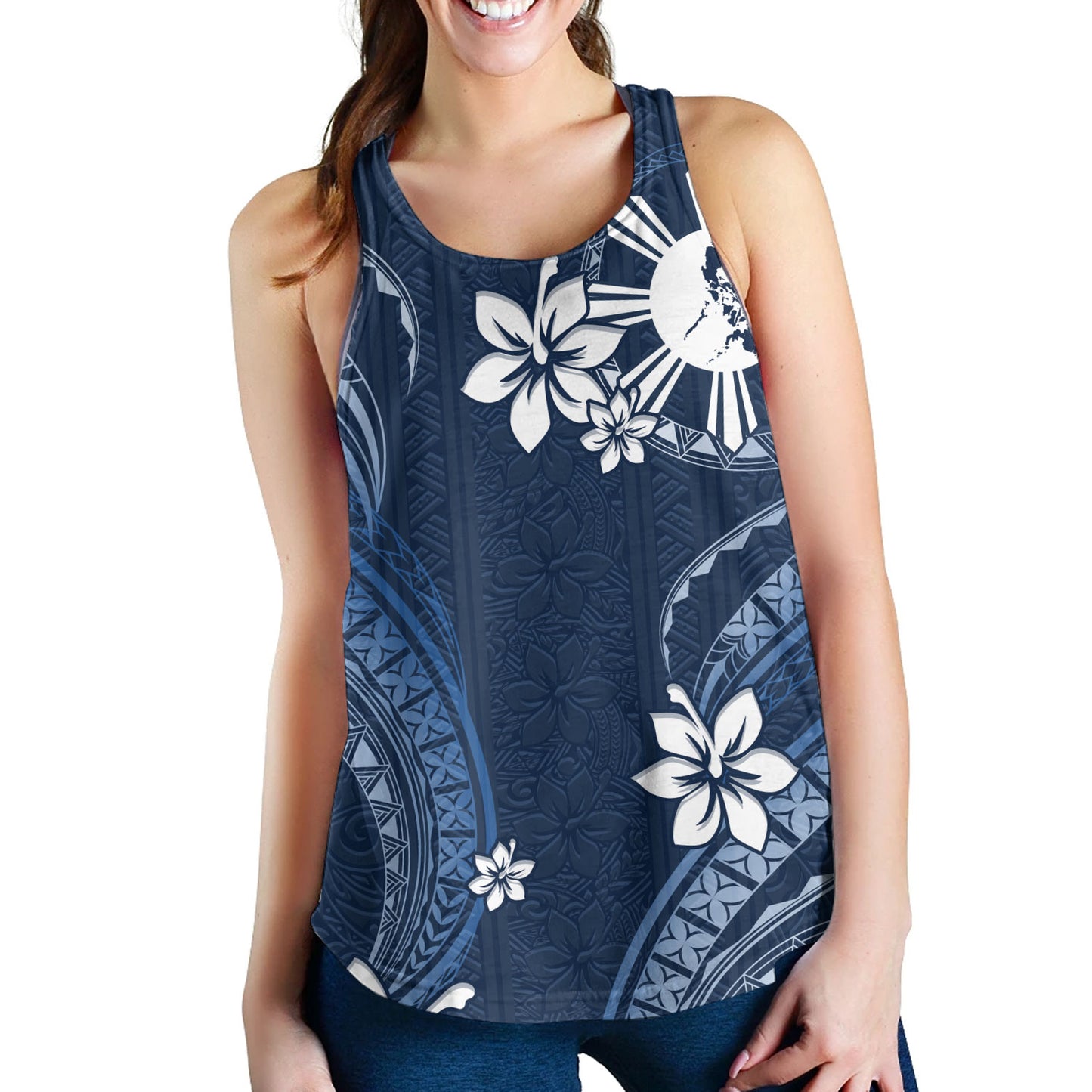 Philippines Filipinos Women Tank Philippines White Hibiscus Flowers Tribal Pattern