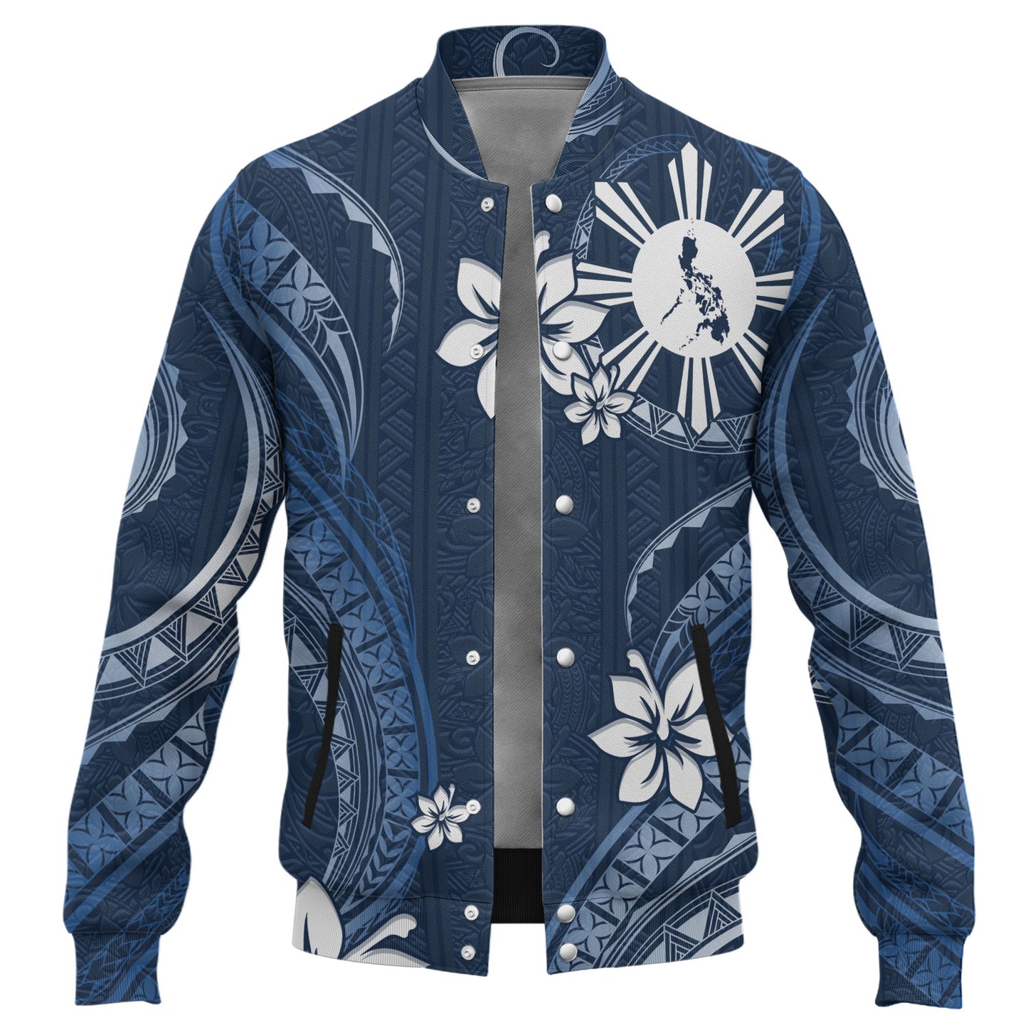 Philippines Filipinos Baseball Jacket Philippines White Hibiscus Flowers Tribal Pattern
