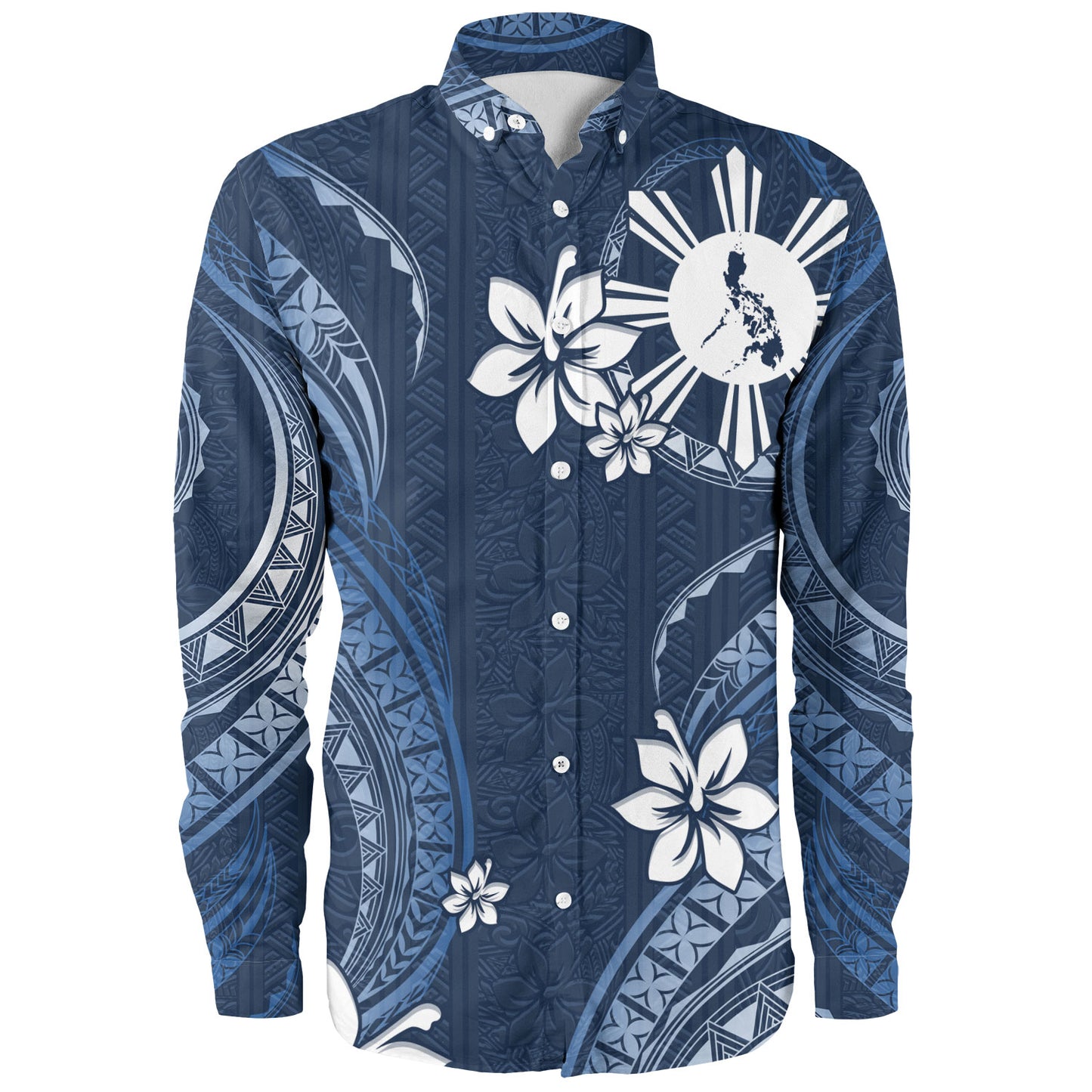 Philippines Filipinos Long Sleeve Shirt Philippines White Hibiscus Flowers Tribal Pattern
