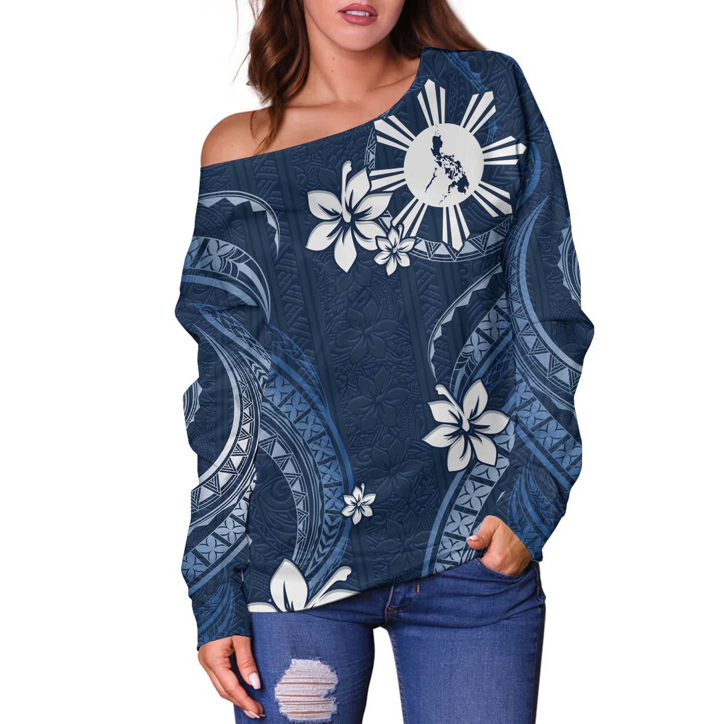 Philippines Filipinos Off Shoulder Sweatshirt Philippines White Hibiscus Flowers Tribal Pattern