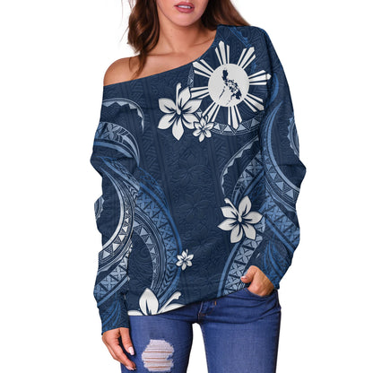 Philippines Filipinos Off Shoulder Sweatshirt Philippines White Hibiscus Flowers Tribal Pattern