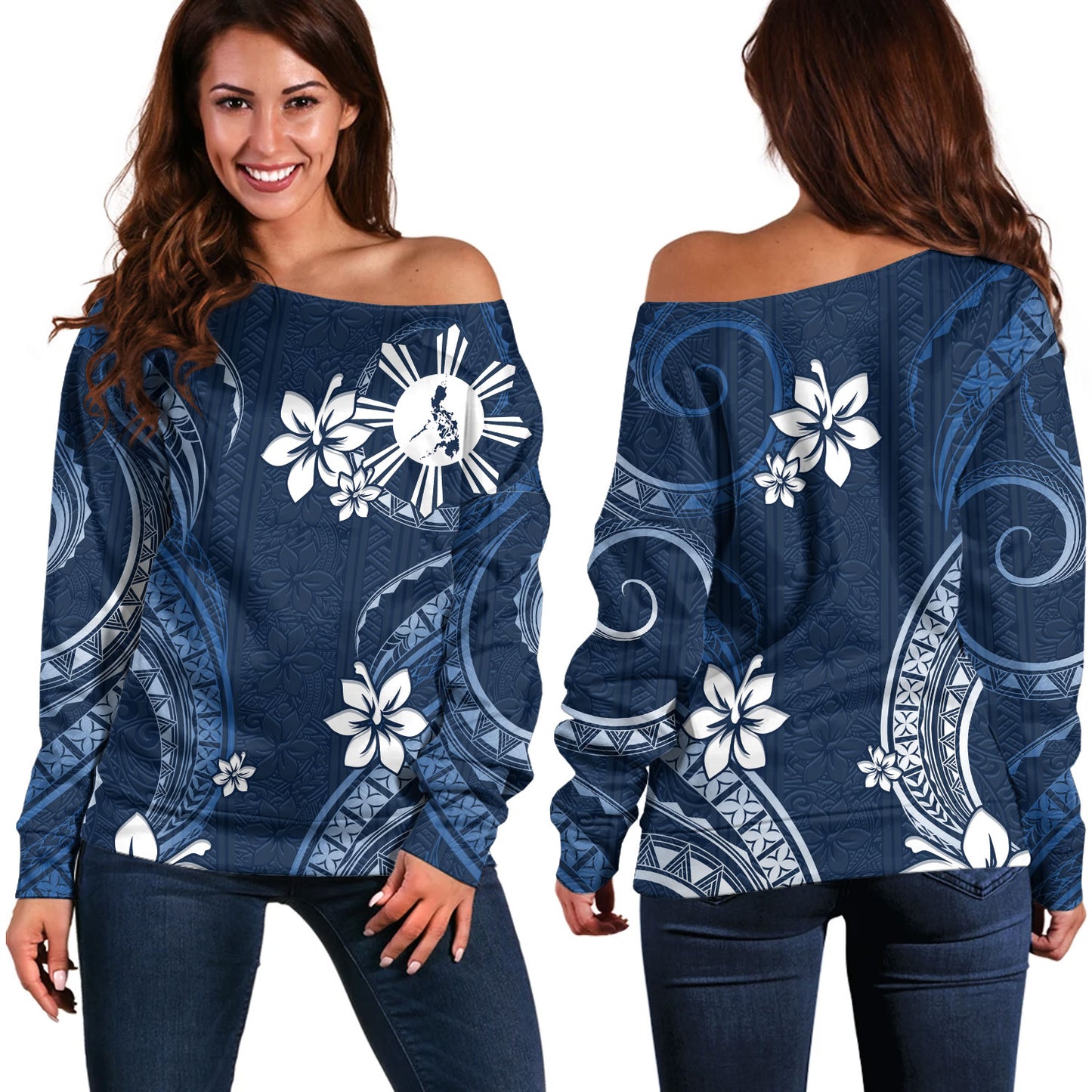 Philippines Filipinos Off Shoulder Sweatshirt Philippines White Hibiscus Flowers Tribal Pattern
