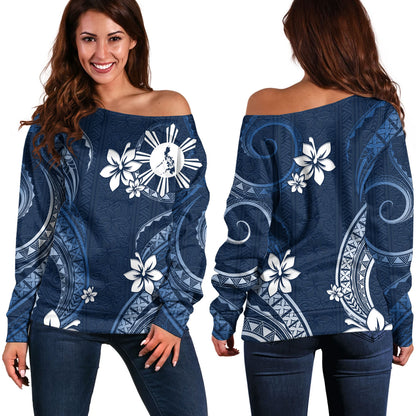Philippines Filipinos Off Shoulder Sweatshirt Philippines White Hibiscus Flowers Tribal Pattern