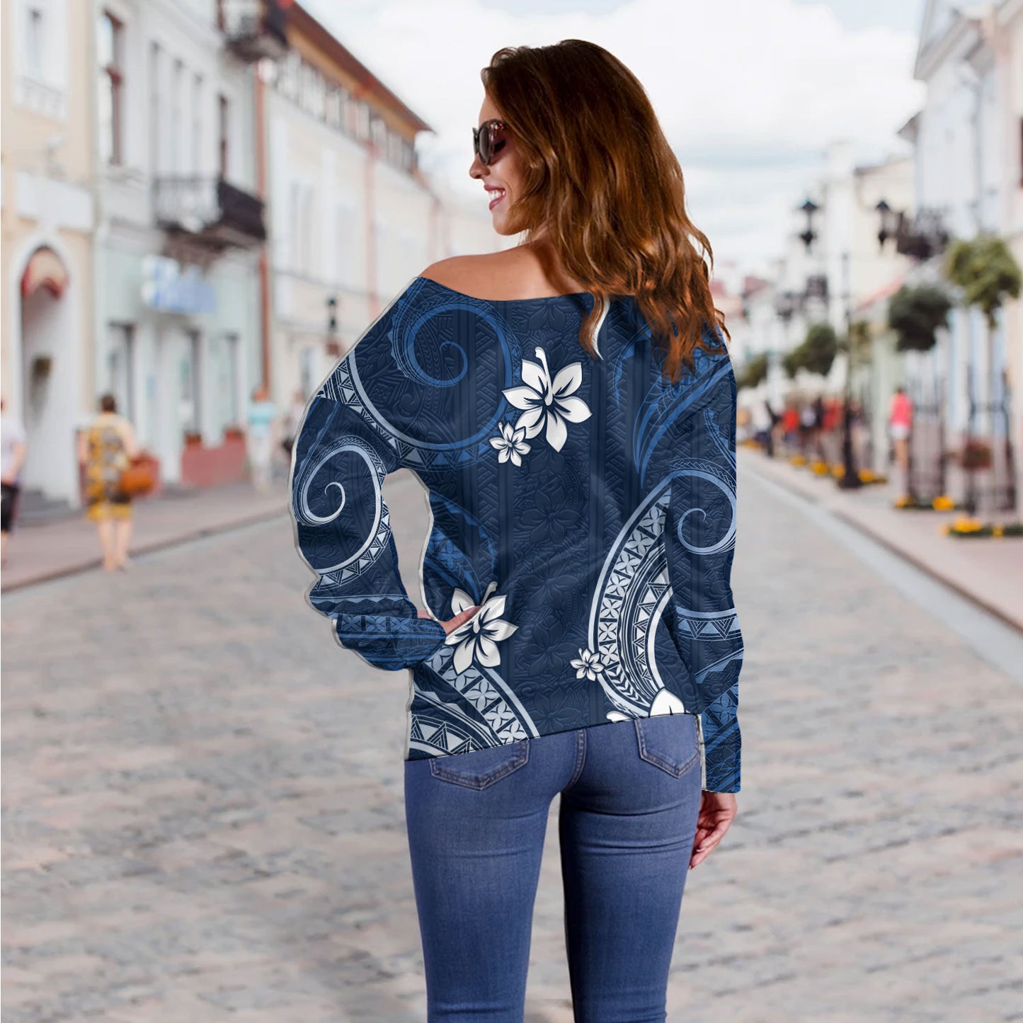 Philippines Filipinos Off Shoulder Sweatshirt Philippines White Hibiscus Flowers Tribal Pattern