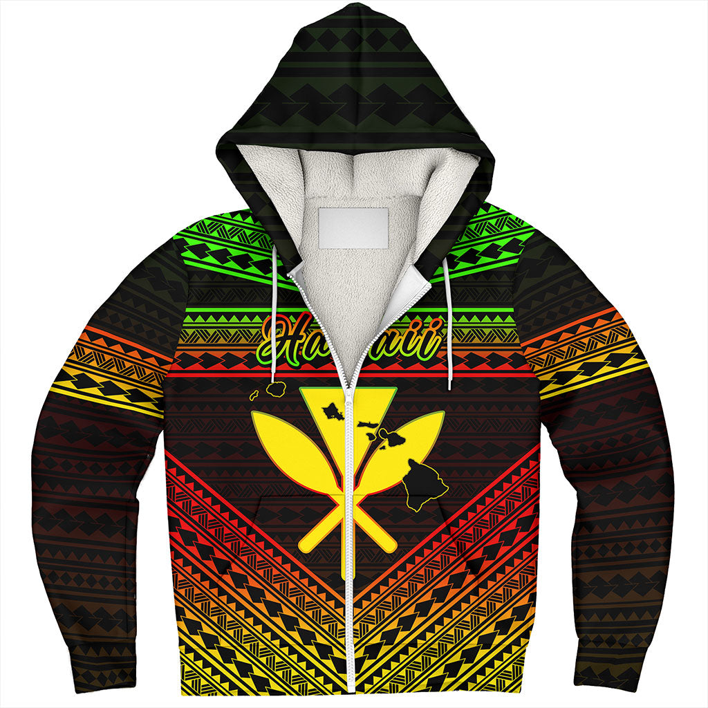 Hawaii Sherpa Hoodie Polynesian Pattern With Map And Coat Of Arms