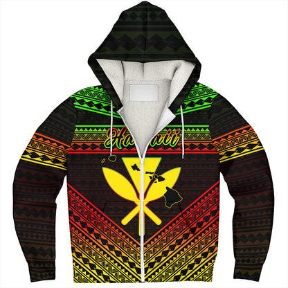 Hawaii Sherpa Hoodie Polynesian Pattern With Map And Coat Of Arms