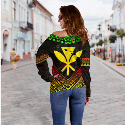 Hawaii Off Shoulder Sweatshirt Polynesian Pattern With Map And Coat Of Arms