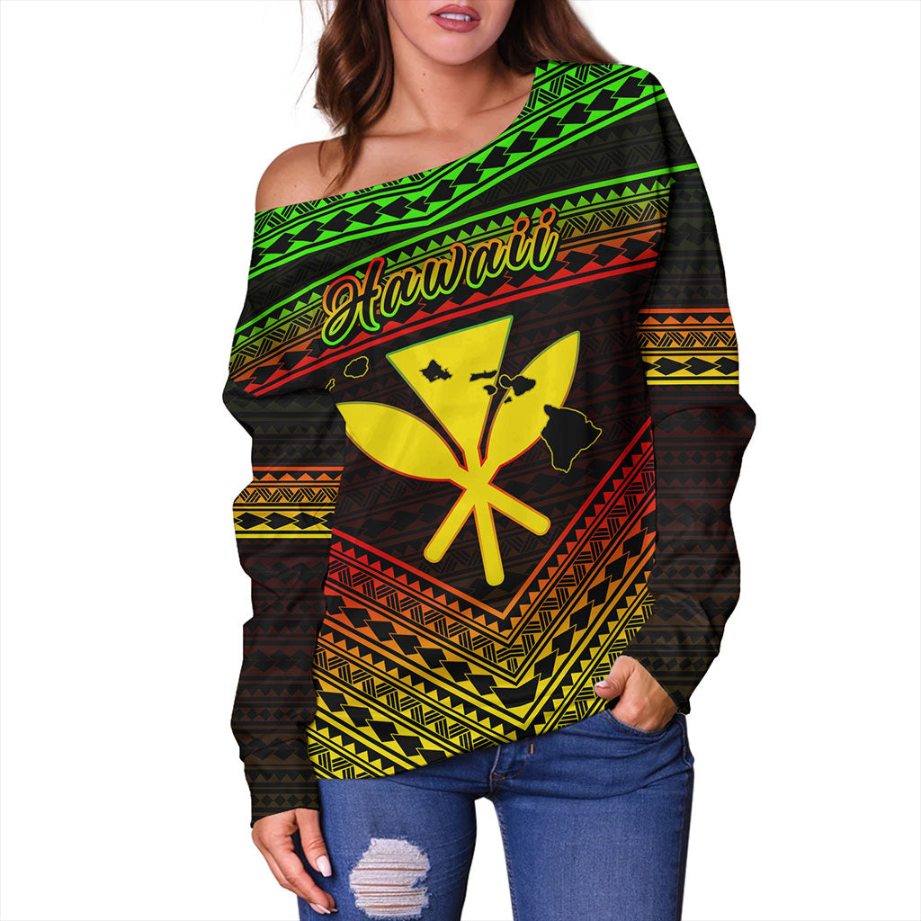 Hawaii Off Shoulder Sweatshirt Polynesian Pattern With Map And Coat Of Arms