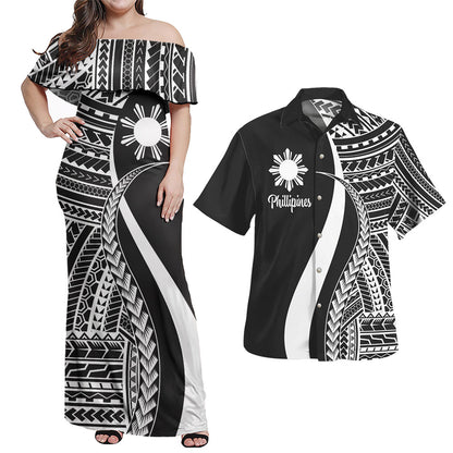 Philippines Combo Dress And Shirt - Polynesian Tentacle Tribal Pattern White