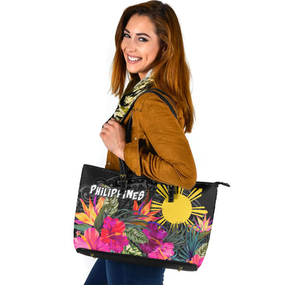 Philippines Custom Personalised Leather Tote Polynesian Hibiscus Pattern
