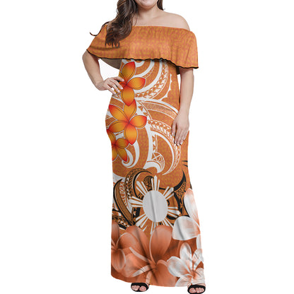 Philippines Filipinos Woman Off Shoulder Long Dress Polynesian Floral Spirit Orange