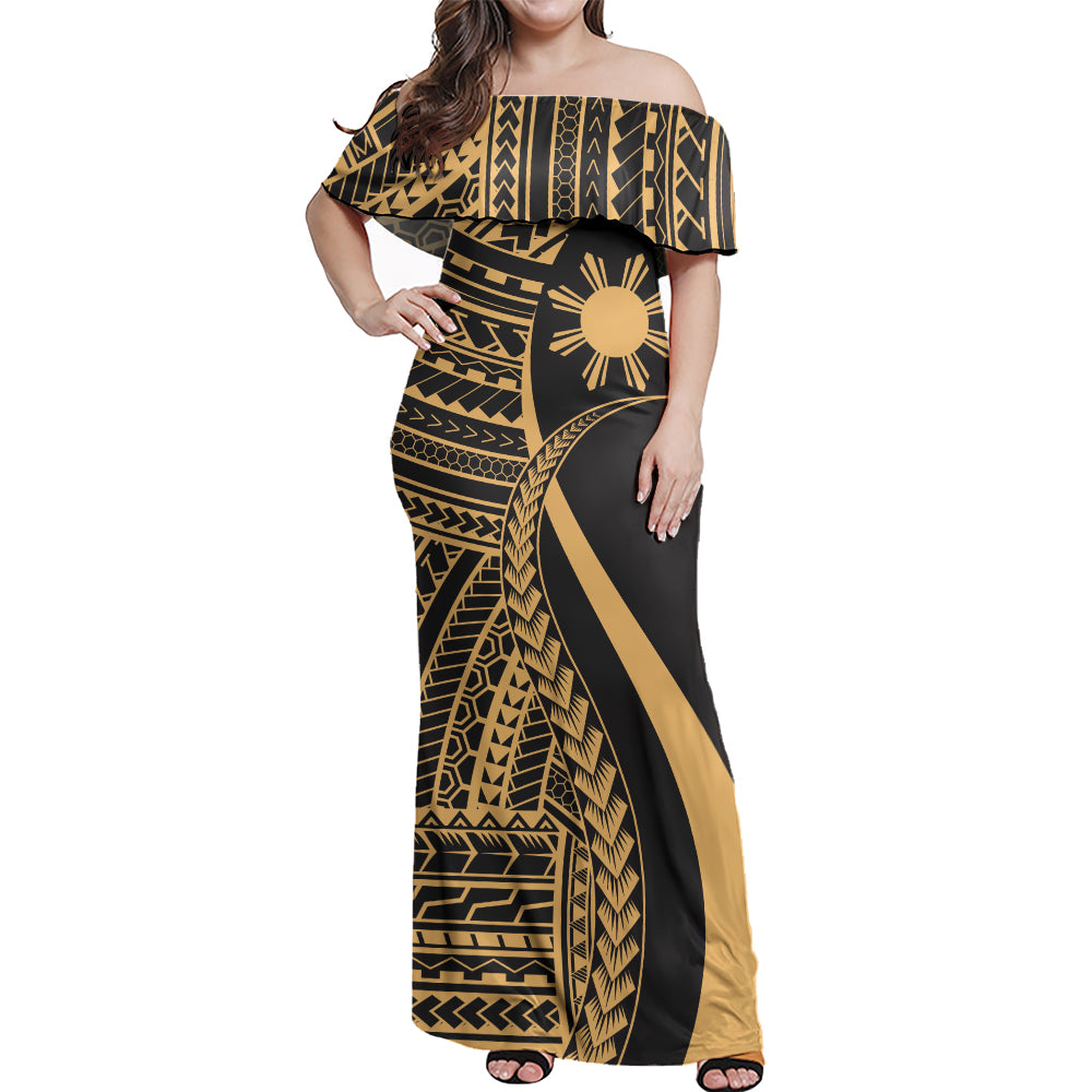 Philippines Filipinos Custom Personalised Woman Off Shoulder Long Dress Polynesian Tentacle Tribal Pattern