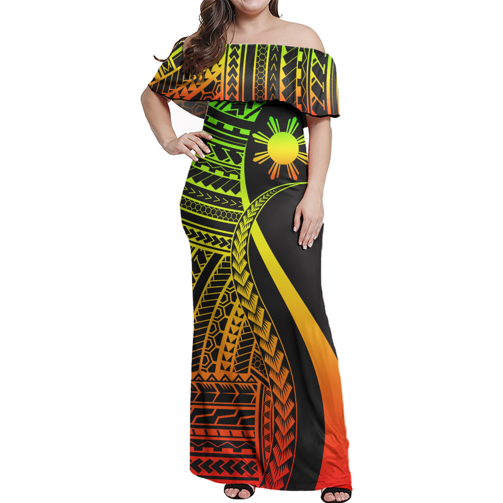 Philippines Filipinos Custom Personalised Woman Off Shoulder Long Dress Polynesian Tentacle Tribal Pattern