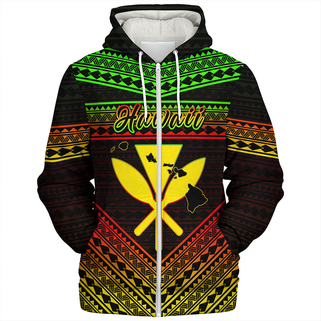 Hawaii Sherpa Hoodie Polynesian Pattern With Map And Coat Of Arms