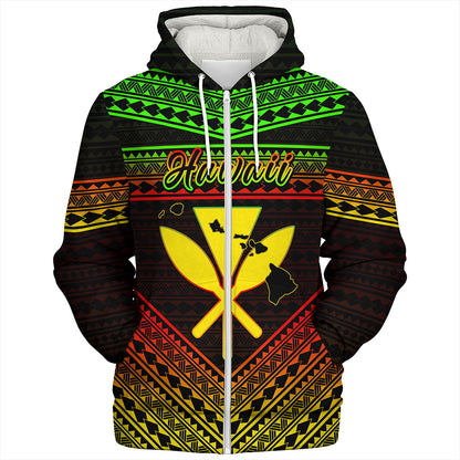 Hawaii Sherpa Hoodie Polynesian Pattern With Map And Coat Of Arms