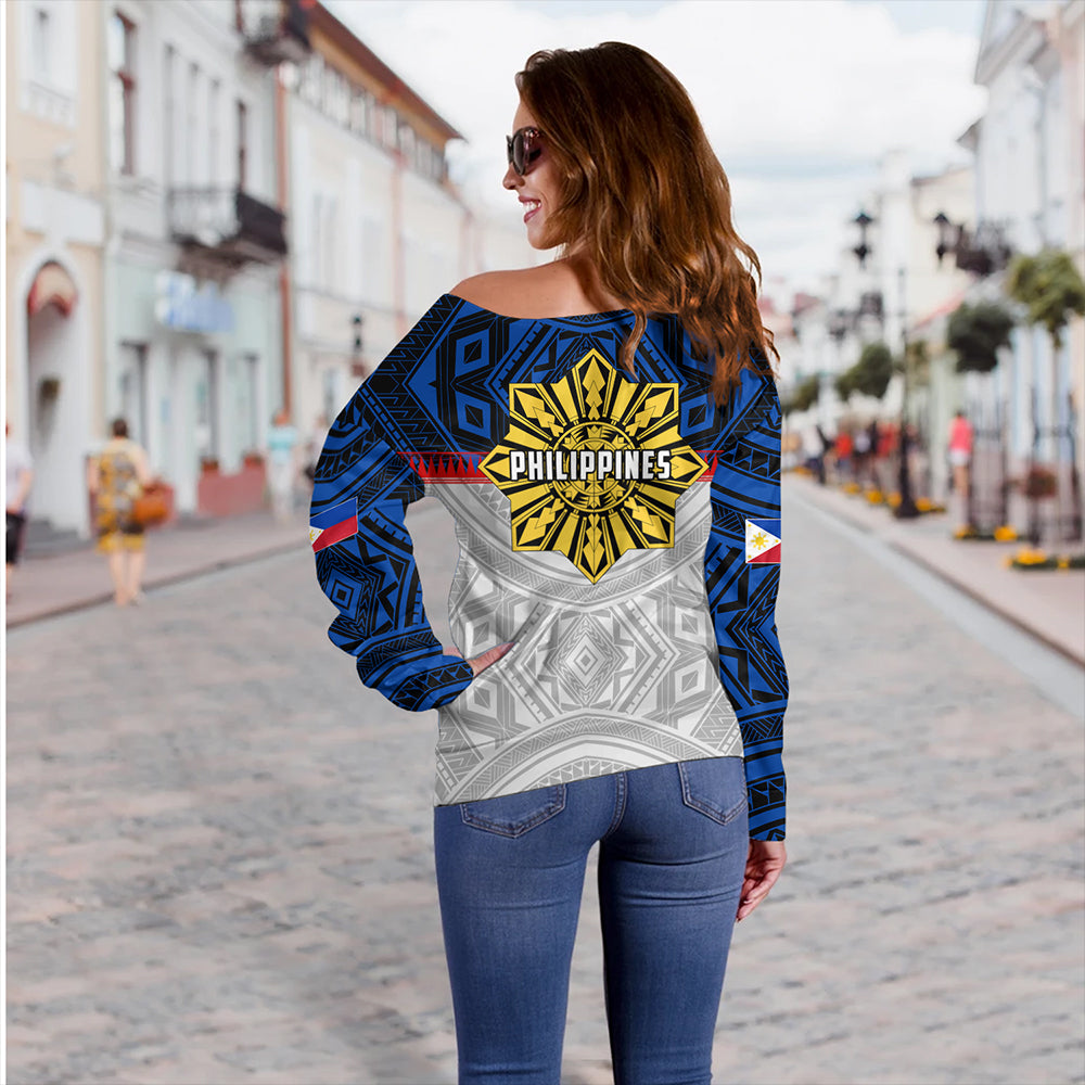 Philippines Off Shoulder Sweatshirt Filipino Tribal Sun Flag