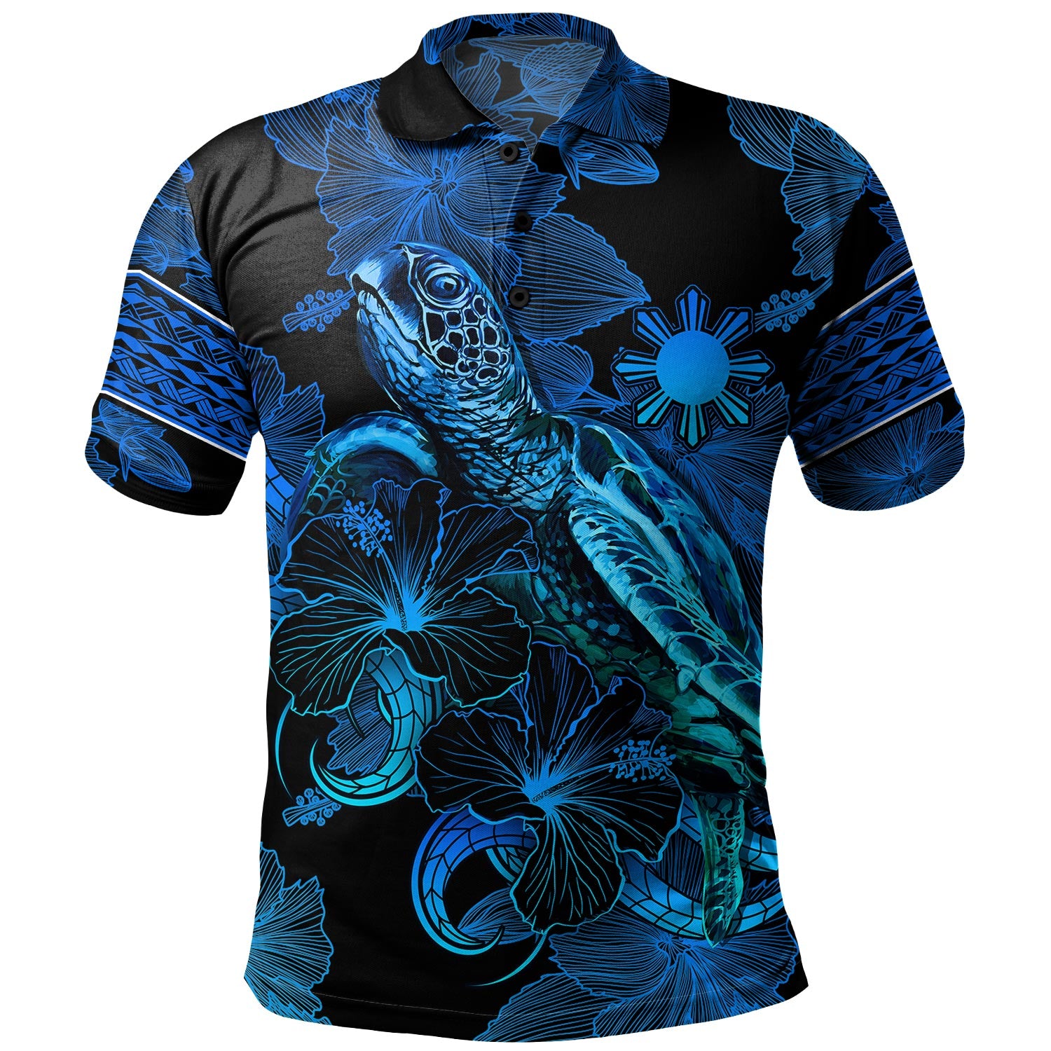 Philippines Filipinos Polo Shirt Sea Turtle With Blooming Hibiscus Flowers Tribal Blue