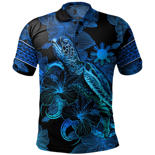 Philippines Filipinos Polo Shirt Sea Turtle With Blooming Hibiscus Flowers Tribal Blue