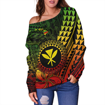 Hawaii Off Shoulder Sweatshirt Polynesian Style With Coat Of Arms And Map