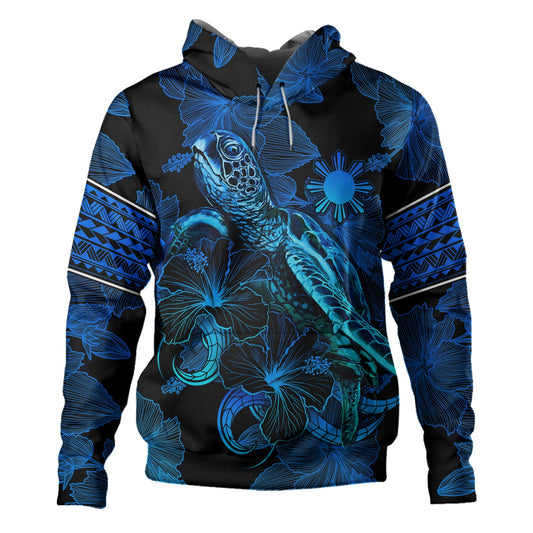 Philippines Filipinos Hoodie Sea Turtle With Blooming Hibiscus Flowers Tribal Blue