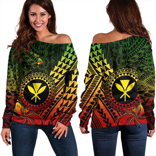 Hawaii Off Shoulder Sweatshirt Polynesian Style With Coat Of Arms And Map
