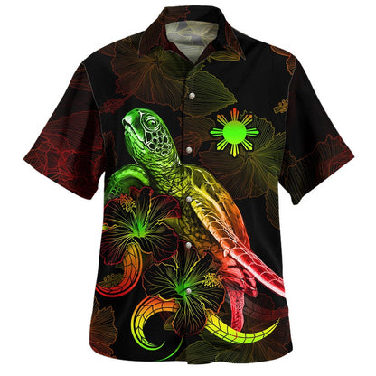 Philippines Filipinos Hawaiian Shirt Sea Turtle With Blooming Hibiscus Flowers Reggae