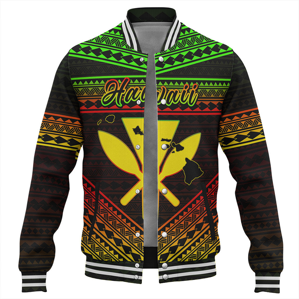 Hawaii Baseball Jacket Polynesian Pattern With Map And Coat Of Arms