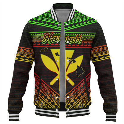 Hawaii Baseball Jacket Polynesian Pattern With Map And Coat Of Arms