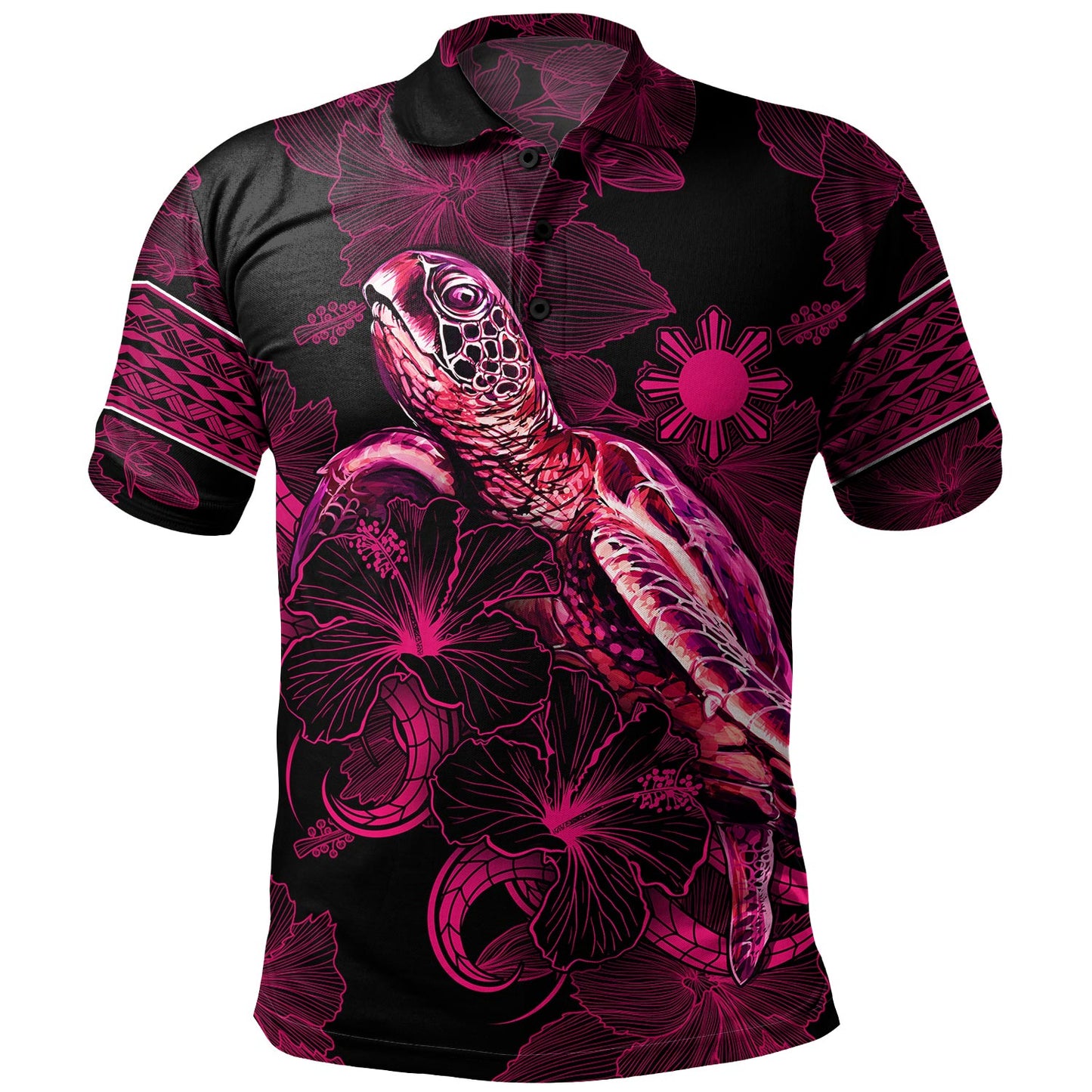 Philippines Filipinos Polo Shirt Sea Turtle With Blooming Hibiscus Flowers Tribal Maroon